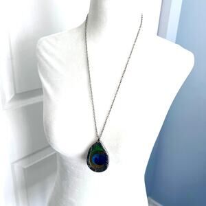 Peacock feather silver tone teardrop two-way pendant long statement necklace
